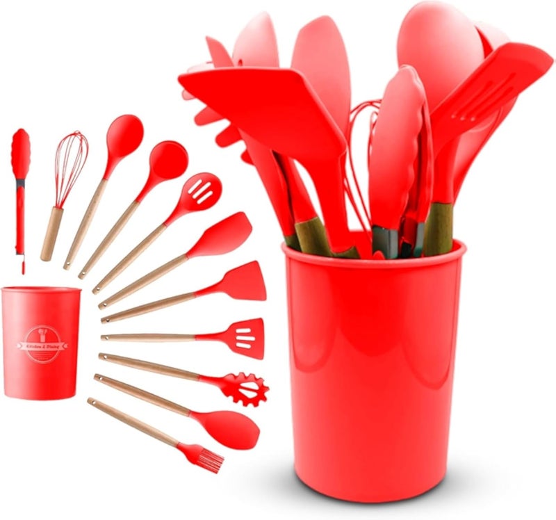 أدوات مطبخ هانسو، أدوات طهي من السيليكون مع حامل، مناسبة لأواني الطهي غير اللاصقة ومقاومة للحرارة، تتضمن ملعقة مسطحة، ملقط، مضرب، مغرفة، فرشاة، ملعقة تقليب مثقوبة (أحمر)